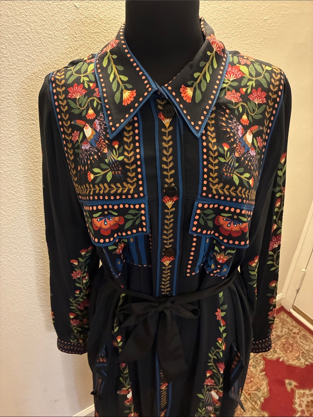 FARM Rio NWT Large Toucan Garden Black Button Front Midi Dress w/Tie & Pockets